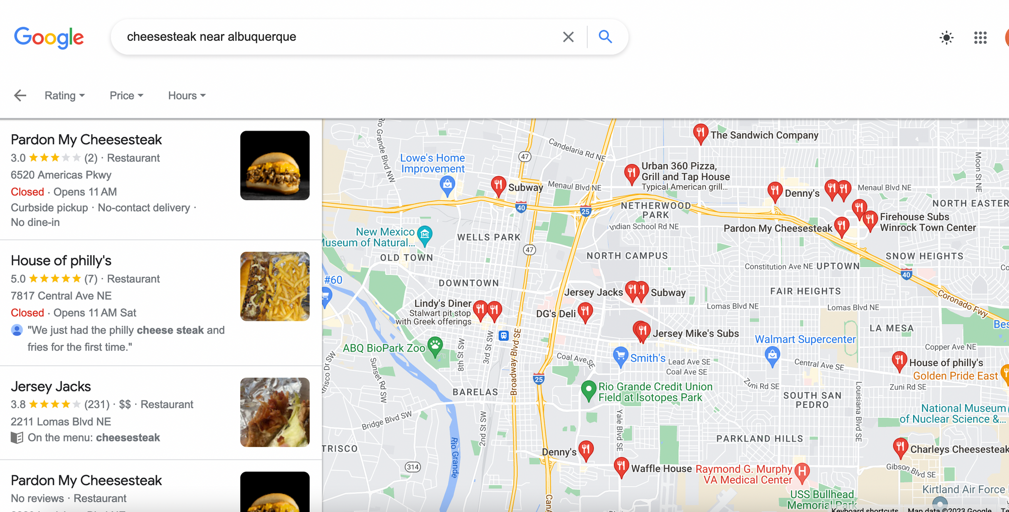 Google search results showing "cheesesteak near albuquerque," with results that include virtual brand Pardon my Cheesesteak