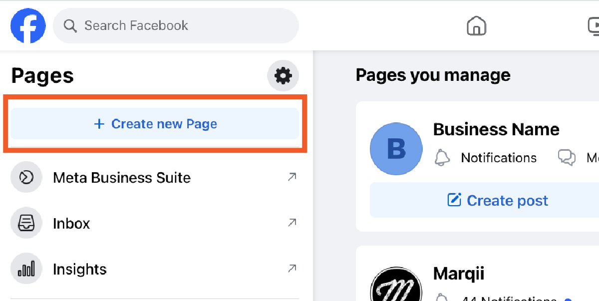 Directions on where "Create new Page" button can be found in Facebook