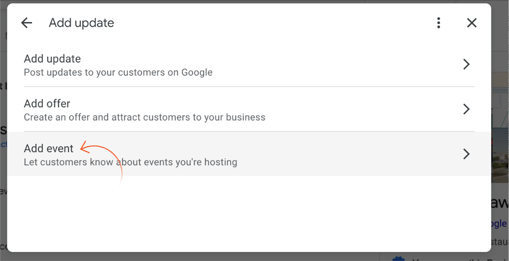 The three types of Google posts for a Google Business Profile are update, offer and event