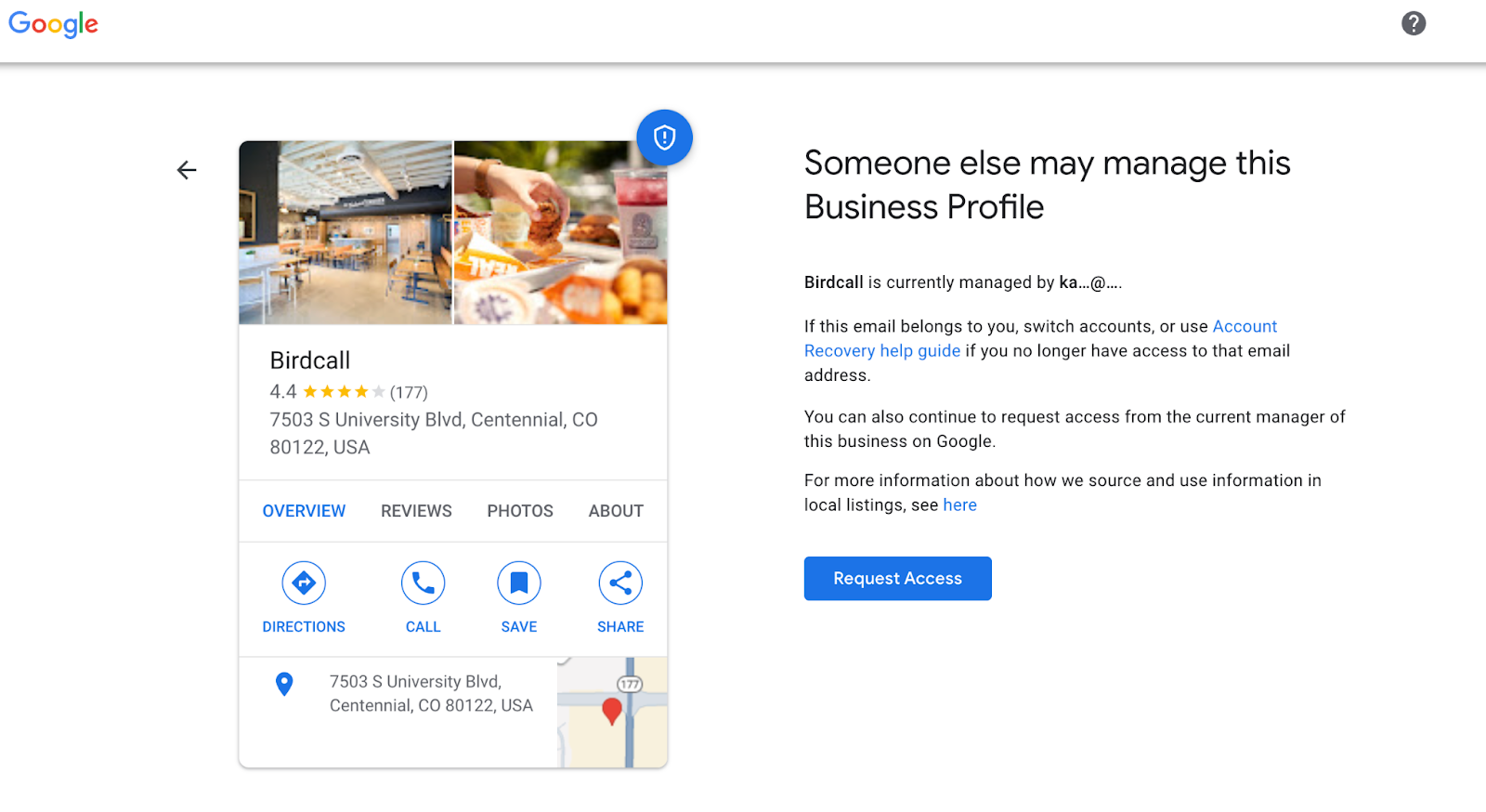 Screenshot of a Google Business Profile search result, showing the ability to request access to that profile.