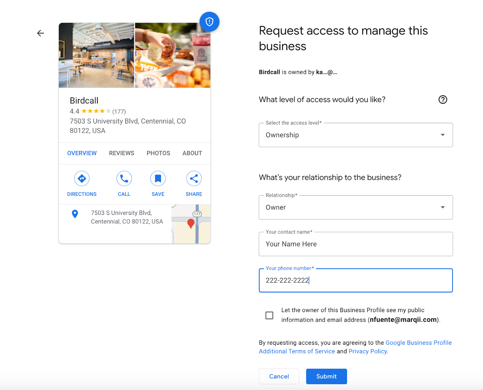Screenshot of the Google Business Profile form to request ownership access.