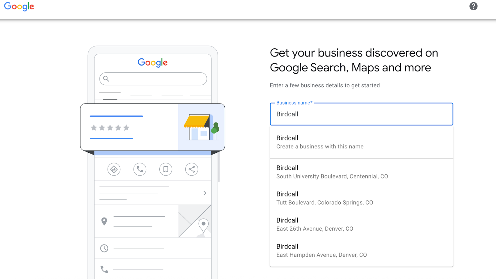 Screenshot of Google Business Profile search function