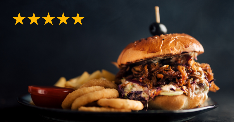 image of burger and fries with 5 stars