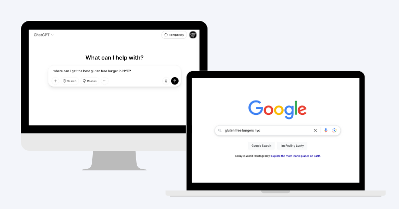 Two computer screens. One displaying a ChatGPT search and the other displaying a Google Search.